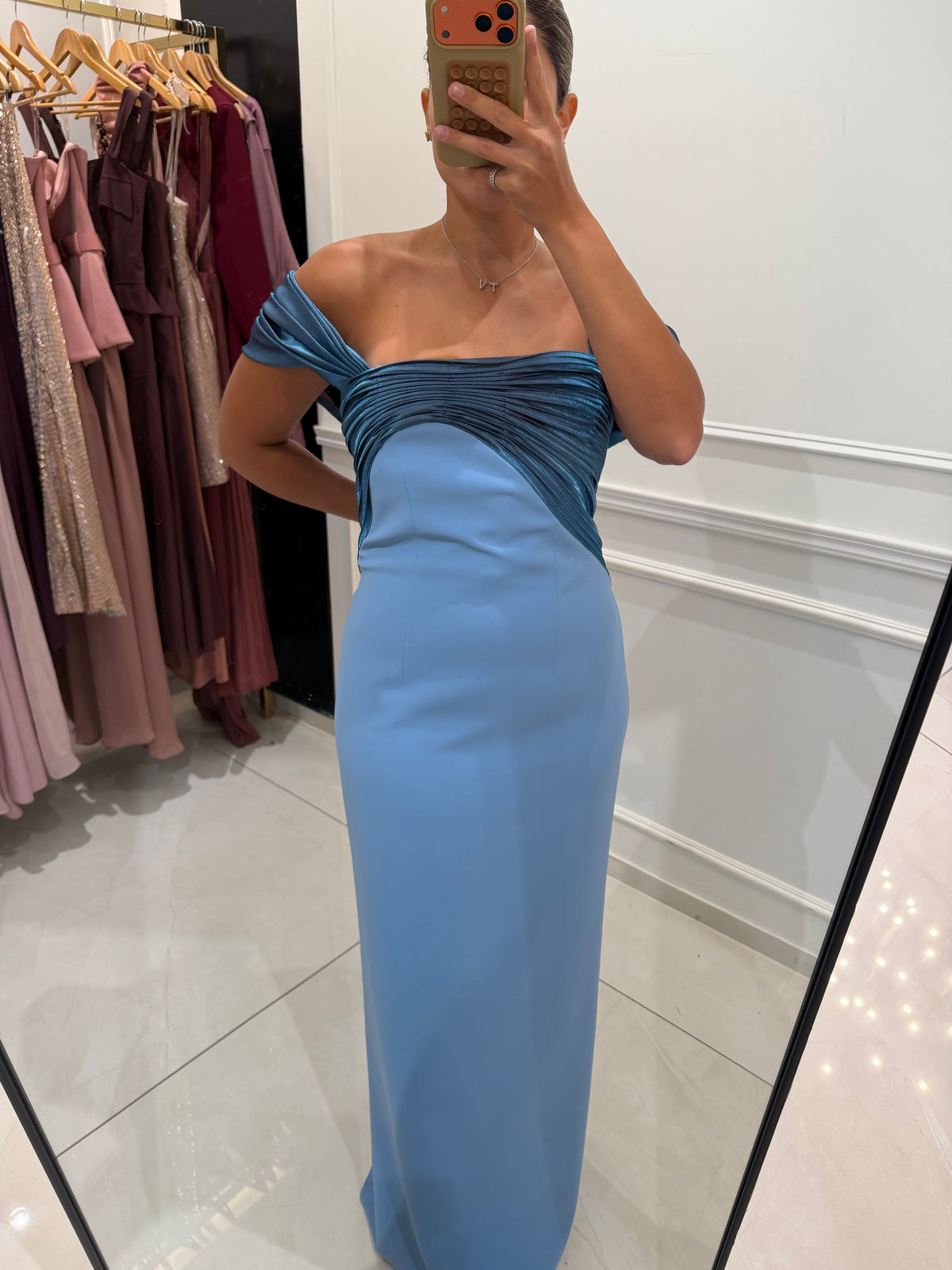 Off Shoulder Satin Collar Crepe Long Dress