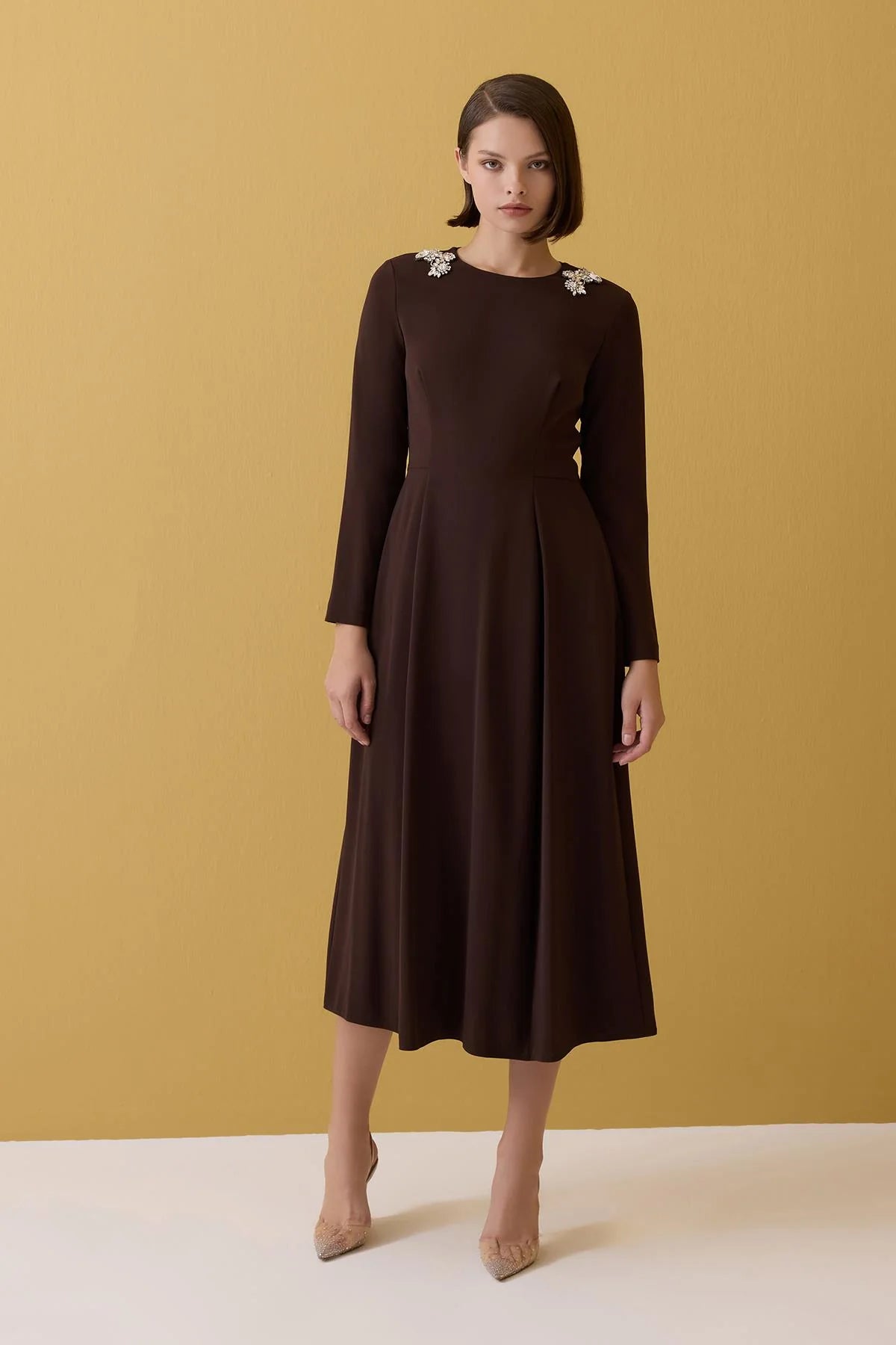 Long sleeve dress with crystals on shoulder