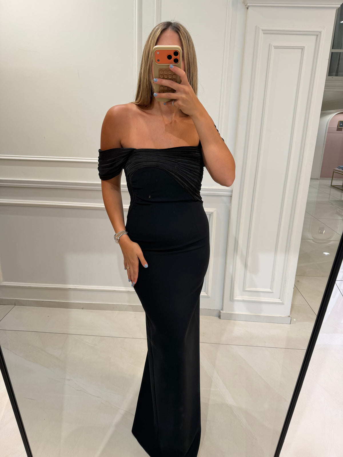 Off Shoulder Satin Collar Crepe Long Dress