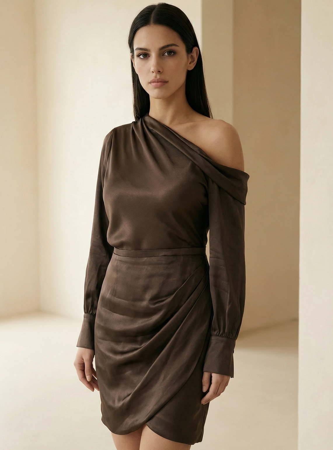 Shoulder Off Satin Dress